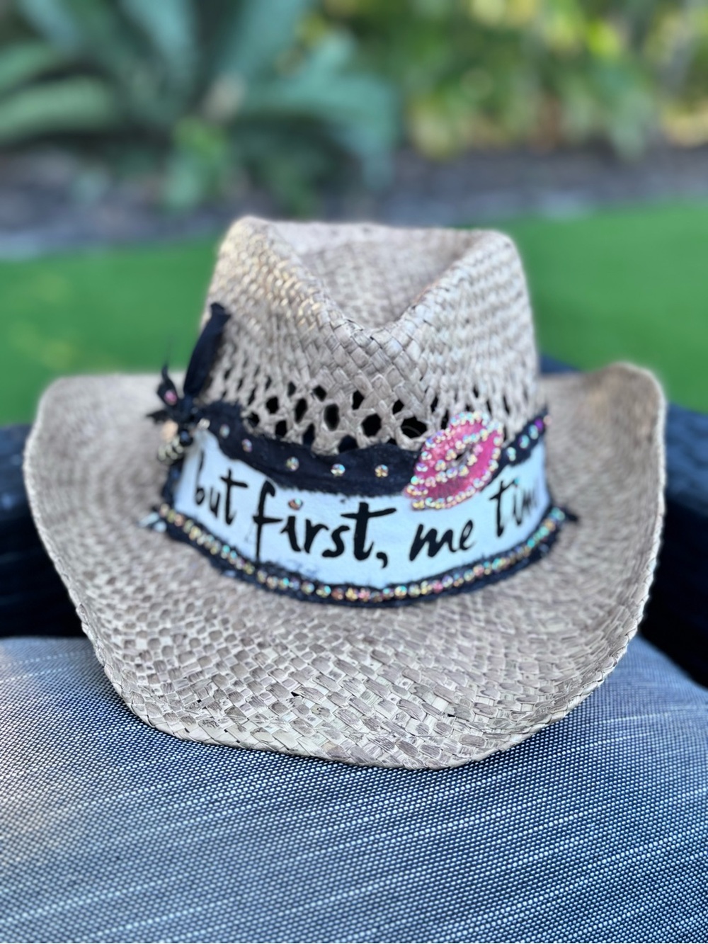 But first kiss me , Natural Straw Cowboy Hat with Pink Lip Accent